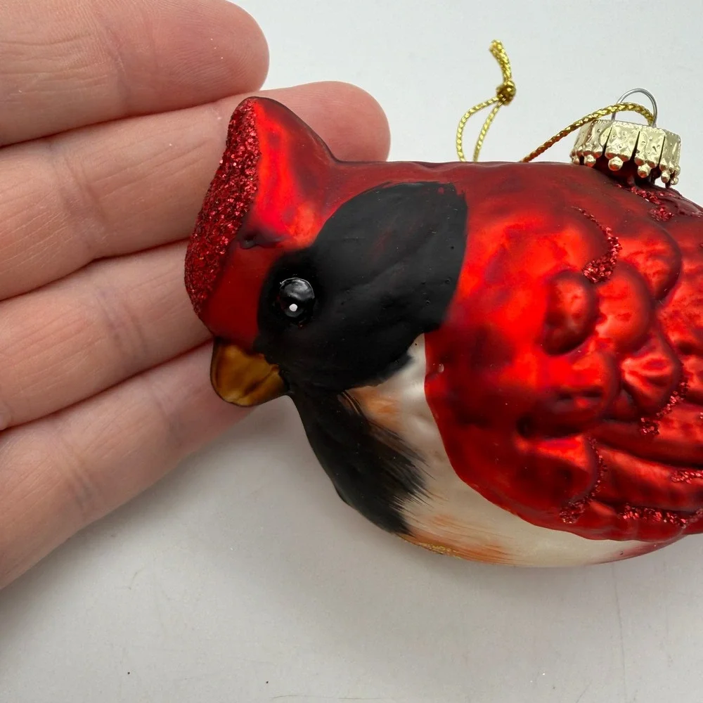 Red Cardinal Glass Christmas Ornament Glitter Accents Bird Holiday Decor